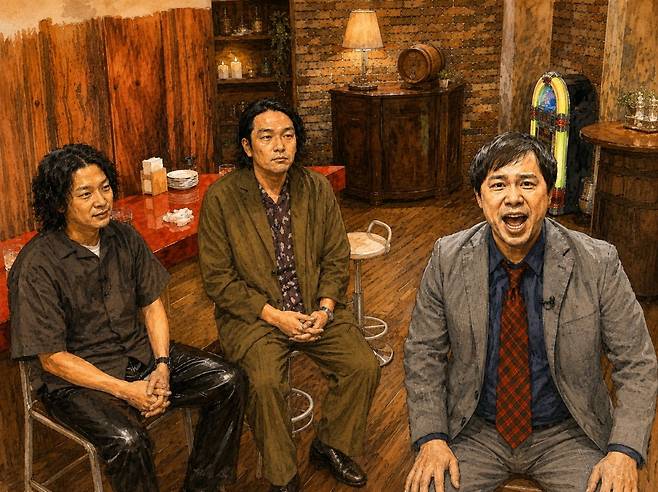 일본 TV도쿄가 지난달 2차례 방송한 심야 예능 프로그램 ‘※여성은 보지 마세요’에서 인기 개그맨 세이야(오른쪽)가 카메라를 보며 도발하듯 말하는 모습. 실제 장면을 참고해 생성형 인공지능(AI)으로 제작한 일러스트