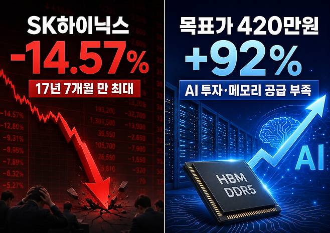 SK하이닉스가 지난 2일 14.57% 급락한 반면, KB증권은 목표주가를 420만원으로 제시했다. 왼쪽은 17년7개월 만의 최대 낙폭, 오른쪽은 AI 투자 확대와 메모리 공급 부족에 따른 상승 기대를 표현했다. ChatGPT 생성 이미지