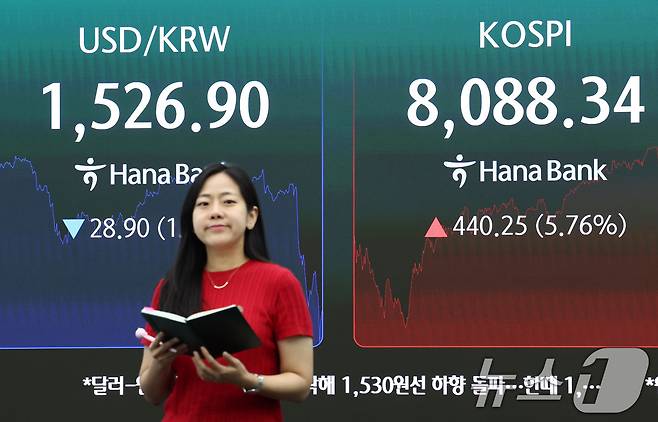 3일 오후 서울 중구 하나은행 본점 딜링룸 전광판에 코스피 종가 및 달러·원 환율이 표시되어 있다2026.7.3 ⓒ 뉴스1 최지환 기자