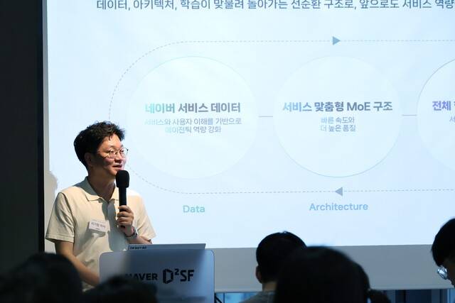 이기창 네이버 클라우드 이사가 지난 2일 서울 강남구 네이버 D2SF 강남에서 '탐색에서 실행까지, 차세대 AI 기술이 만드는 네이버 AI 검색'을 주제로 테크 딥톡 세션에서 발표하고 있다. /네이버