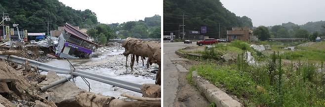 당시 폭우 피해 입은 편의점 건물(왼쪽)과 현 모습 [촬영 임병식]