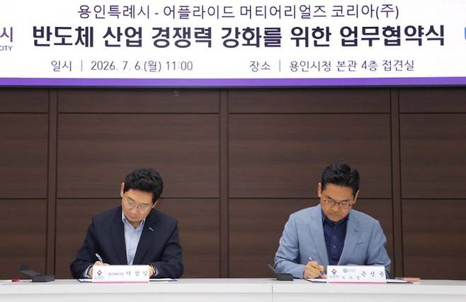 6일 접견실에서 이상일 시장(오른쪽)과 손성용 부사장이 협약서에 서명하고 있다. 용인시 제공