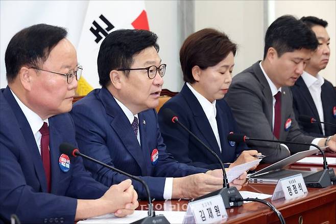 정점식 국민의힘 원내대표가 7월 2일 오전 서울 여의도 국회에서 열린 국민의힘 최고위원회의에서 모두발언을 하고 있다. ⓒ데일리안 홍금표 기자