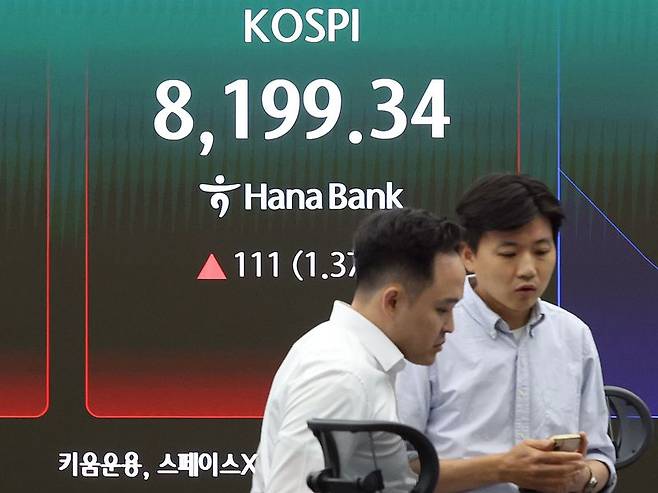 6일 서울 중구 하나은행 본점 딜링룸 현황판에 코스피가 표시돼 있다. 연합뉴스 제공