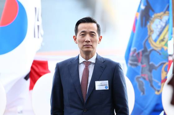 김동관 한화그룹 부회장이 2025년 8월 26일(현지시간) 미국 필라델피아 한화필리조선소에서 열린 ‘스테이트 오브 메인(State of Maine)호’ 명명식에 참석하고 있다. 대통령실사진기자단=중앙일보 김현동 기자