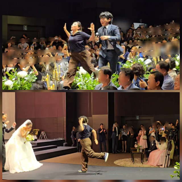 Comedian Park Eun-young tied the knot with a non-celebrity businessman five years her junior on the 5th at the Yeouido Wedding Convention Center in Yeongdeungpo-gu, Seoul. The wedding featured a surprise dance performance by fellow comedian Lee Soo-ji and a humorous entrance by the groom, which had the guests in stitches.Lee Soo-ji danced down the aisle to Psys song Celebrity, and upon seeing this, the groom followed the same path while dancing as he made his entrance, further energizing the atmosphere. Park Seong-ho, who read the marriage vows, appeared dressed as a traditional scholar and delivered a witty congratulatory performance, while Park Eun-young responded with a dance to the grooms surprise proposal, keeping the atmosphere lighthearted throughout the event.Singer Yumi and comedian Song Pil-geun performed a congratulatory song to bless the couples future, and many fellow comedians, including the married couple Kim Won-hyo and Shim Jin-hwa, attended to add to the festivities. Park Eun-young had previously announced her wedding news on social media, expressing her affection for her fiancé.