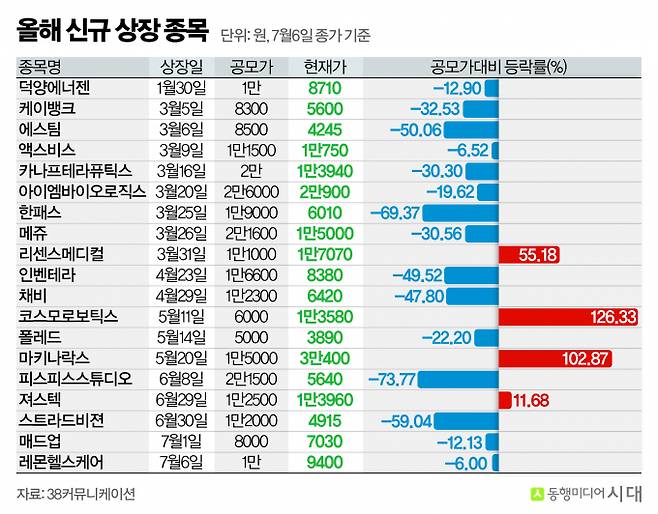 올해 IPO 시장이 신규 상장 감소와 새내기주 부진으로 냉각된 모습이다. 사진은 올해 신규 상장 종목. /그래픽=강지호 기자