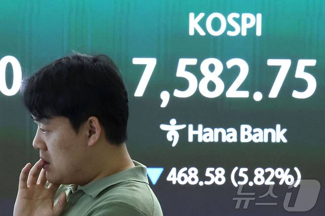 7일 오전 서울 중구 하나은행 딜링룸 전광판에 코스피 지수가 표시되고 있다. 이날 코스피는 장중 5% 넘게 급락하면서 유가증권시장 매도 사이드카(프로그램 매도호가 일시 효력정지)가 발동됐다. 2026.7.7 ⓒ 뉴스1 이종수 기자