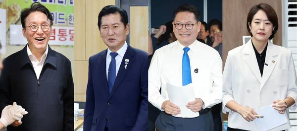더불어민주당 차기 당권 주자들의 공식 출마 선언이 속속 이어지며 8·17 전당대회 대진표가 윤곽을 드러내고 있다. 왼쪽부터 목포 동부시장을 방문한 김민석 전 총리, 국회 의원회관에서 열린 정책토론회에 참석한 정청래 전 대표, 당사에서 출마 선언을 한 송영길 의원, 국회 소통관에서 출마 선언을 한 고민정 의원. /연합뉴스