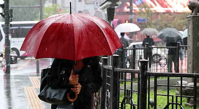 전국 대부분 지역에 장맛비가 내리는 8일 서울 종로구 광화문광장 세종대로사거리에서 우산을 쓴 출근길 시민들이 발걸음을 옮기고 있다. 연합뉴