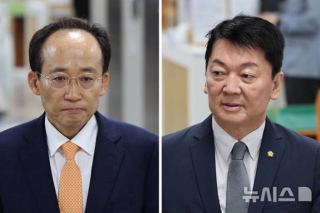 [서울=뉴시스] 김금보 기자 = 추경호(왼쪽사진) 대구시장이 8일 오전 서울 서초구 서울중앙지방법원에서 '계엄 해제 표결 방해 혐의' 관련 6차공판에 출석하고 있다. 안철수 국민의힘 의원이 증인으로 출석하고 있다. 2026.07.08. kgb@newsis.com