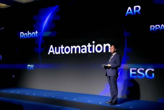 최성안 삼성중공업 부회장이 지난해 10월 삼성거제호텔에서 열린 'Auto2Vision' 행사에서 설계·생산자동화 비전을 설명하고 있다. [사진=삼성중공업]