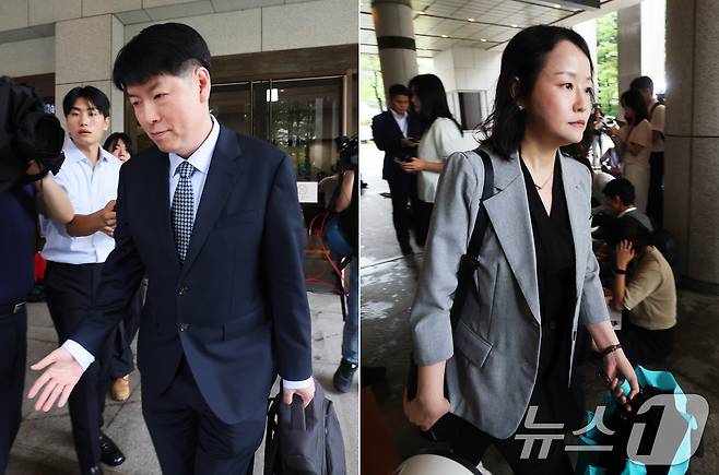 내란 특검팀 수사팀장인 장준호 성남지청장(왼쪽)과 윤석열 전 대통령 측 법률대리인단 유정화 변호사가 9일 오후 서울 서초구 대법원 대심판정에서 열린 윤석열 전 대통령의 고위공직자범죄수사처(공수처) 체포방해 등 혐의 사건 상고심 선고기일을 마친 후 법정을 나서며 각각 입장을 밝히고 있다.  2026.7.9 ⓒ 뉴스1 오대일 기자