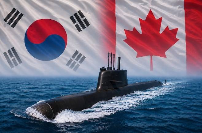 장보고-III 잠수함 자료사진. 한화오션 제공. 한국 및 캐나다 국기 챗GPT AI 생성 이미지