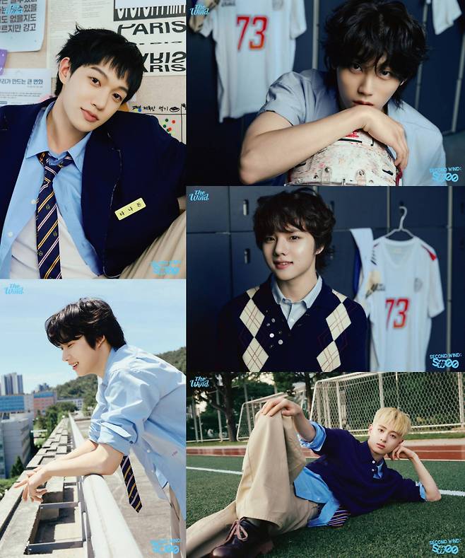 The group Wind has heightened excitement for their comeback by releasing the first concept photos for their fourth mini-album, Second Wind: S#00. Set against the backdrop of school classrooms, rooftops, and hallways, these concept photos capture the members natural and relaxed appearances, emphasizing a youthful vibe.The members revealed their friendly charm by leaning on each other or striking playful poses. Winds fourth mini-album, Second Wind: S#00, is scheduled for official release on major music streaming sites on the 29th.