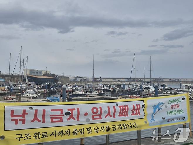 10일 강원 강릉항 요트마리나에 남방큰돌고래 '안목이' 구조 완료 시까지 출입과 낚시를 금지하는 강릉시의 안내 현수막이 설치돼 있다. 2026.7.10/뉴스1 윤왕근 기자