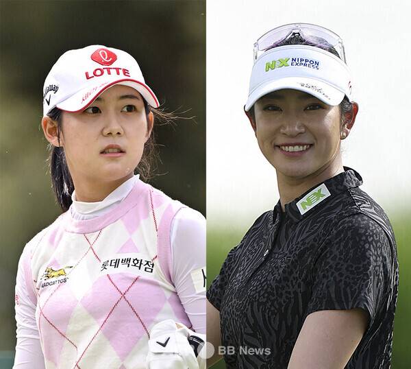 2026년 미국여자프로골프(LPGA) 투어 메이저 골프대회 아문디 에비앙 챔피언십에 출전한 황유민 프로, 일본의 하라 에리카. 사진제공=ⓒAFPBBNews = News1 (사진을 무단으로 사용하지 마십시오.)