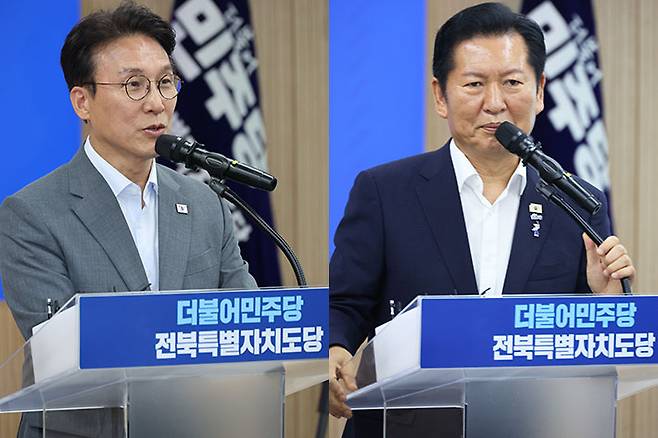 정청래 전 대표와 김민석 전 총리가 10일 전주시 더불어민주당 전북특별자치도당 당사에서 열리는 민주당 상무위원회의에 참석하고 있다. 연합뉴스