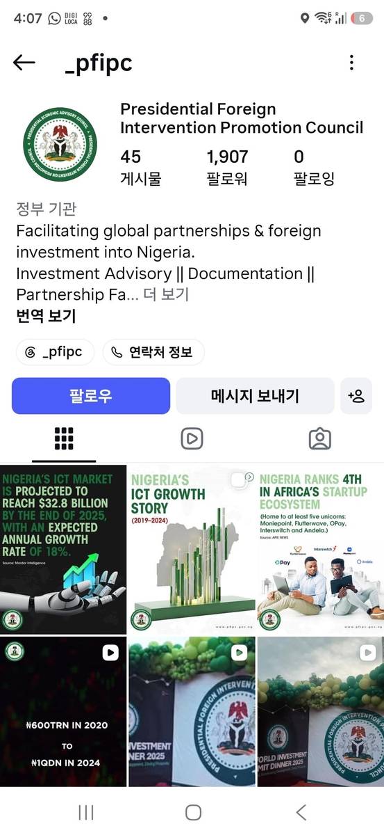 볼라 티누부 나이지리아 대통령이 가짜기관이라며 조사를 지시한 '대통령 외국 개입 촉진위원회'(PFIPC) 명의로 개설된 인스타그램 [인스타그램 캡처]