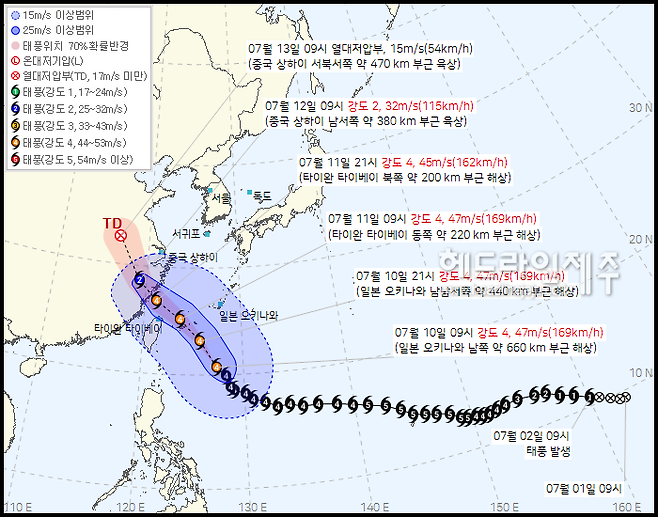 제9호 태풍 바비(BAVI) 현재위치와 예상 이동경로.