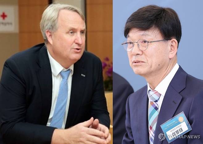 인요한(왼쪽) 전 국민의힘 의원(대한적십자사 제공)과 이병태 전 규제합리화위원회 부위원장. 연합뉴스