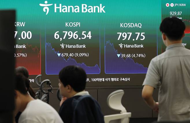 13일 서울 중구 하나은행 본점 딜링룸에서 직원들이 업무를 보고 있다. 이날 코스피가 장중 6% 넘게 급락해 2개월여만에 7000선을 내줬다.(사진= 연합뉴스)