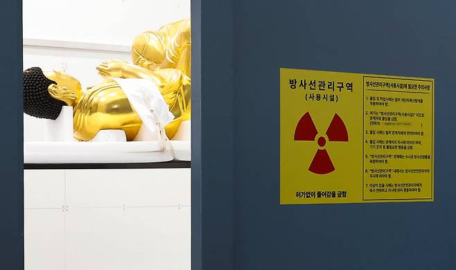 1.2m 높이에 가부좌를 튼 불상이 검사대 위에 누워있다. /뉴시스