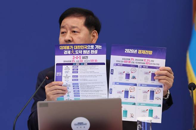 구윤철 부총리 겸 재정경제부 장관이 14일 청와대에서 열린 국무회의에 참석해 자료를 들고 '2026년 하반기 경제성장전략'을 발표하고 있다. 뉴시스