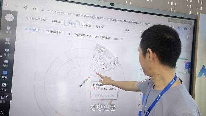 지난달 25일 중국 광둥성 선전시 ‘로봇 밸리’의 한 전시관에서 한 관계자가 ‘스마트 인공지능(AI) 교실’ 프로그램을 설명하고 있다. AI가 전체 학생의 학습 및 성적을 관리해준다. 최민지 기자