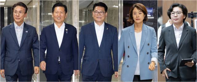 ▲더불어민주당 8·17 전당대회에서 당 대표 경선에 출마한 김민석 전 총리(왼쪽부터), 정청래 전 대표, 송영길 의원, 고민정 의원이 14일 국회에서 열린 의원총회에 참석하고 있다. 같은 시각 김보미 전 강진군의원은 국회 소통관에서 기자회견을 열고 있다. ⓒ연합뉴스
