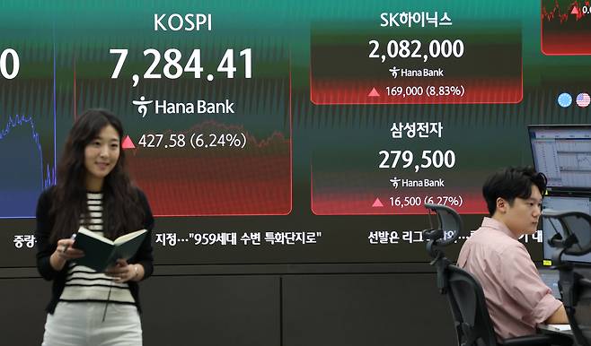 <YONHAP PHOTO-7193> 코스피, 6.24% 급등해 7,284 마감    (서울=연합뉴스) 이진욱 기자 = 15일 서울 중구 하나은행 딜링룸에서 직원이 업무를 보고 있다. 이날 코스피는 427.58포인트(6.24%) 오른 7,284.41로 장을 마쳤다. 2026.7.15    cityboy@yna.co.kr/2026-07-15 15:45:05/<저작권자 ⓒ 1980-2026 ㈜연합뉴스. 무단 전재 재배포 금지, AI 학습 및 활용 금지>