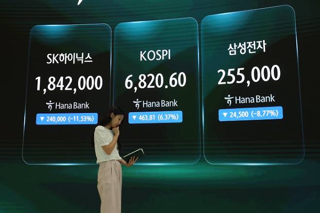 코스피가 다시 7천선을 내어준 16일 서울 중구 하나은행 딜링룸 현황판에 코스피 및 삼성전자, SK하이닉스 종가가 표시돼있다. 연합뉴스