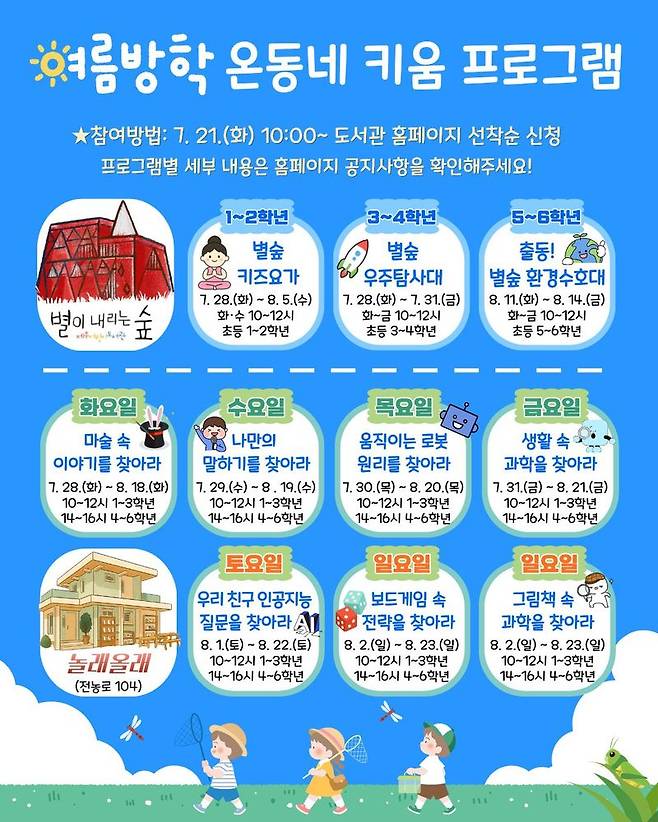 ‘2026년 여름방학 온동네 키움 프로그램’ 참가자 모집 안내문. 제주도서관은 오는 28일부터 8월 23일까지 초등학생을 대상으로 요가와 우주, 환경, AI, 로봇, 과학 등을 주제로 한 방학 돌봄·체험 프로그램을 운영한다. 참가 신청은 오는 21일 오전 10시부터 제주도교육청 공공도서관 누리집에서 선착순으로 받는다. /사진=제주도서관 제공