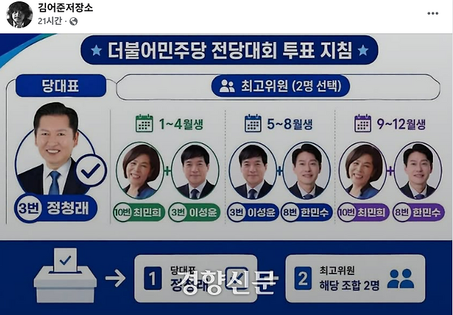 친청 성향 페이스북 계정인 김어준저장소 등에서는 1~4월생은 최, 이 후보에게, 5~8월생은 이, 한 후보에게, 9~12월생은 최, 한 후보에게 투표하라는 ‘더불어민주당 전당대회 투표 지침’이라는 제목의 이미지를 공유했다. 김어준저장소 페이스북 갈무리