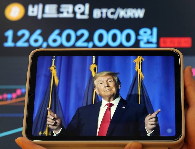 작년 3월 서울 서초구 빗썸라운지 전광판에 표시된 비트코인 시세와 도널드 트럼프 미국 대통령./뉴스1