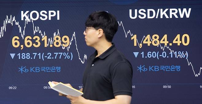 코스피가 미국 증시 약세와 중동 정세 불안의 영향으로 하락 출발한 20일 오전 서울 여의도 KB국민은행 딜링움에 주요 지수가 표시돼 있다. 윤창빈 기자