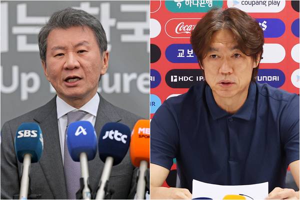 ▲ 정몽규 전 대한축구협회장(왼쪽)과 홍명보 전 축구대표팀 감독. ⓒ연합뉴스