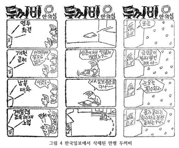 ▲ 정권의 검열로 삭제된 만평. 자료=김주언 발제문