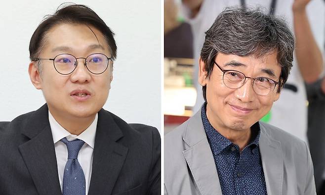 더불어민주당 김남준 의원(왼쪽)과&nbsp;유시민 전 노무현재단 이사장. 이제원 선임기자·연합뉴스