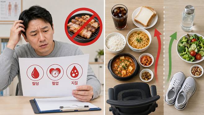 건강검진에서 혈당과 혈압, 혈중 지질 수치가 함께 기준을 벗어났다면 기름진 고기뿐 아니라 흰밥·면·빵·단 음료 등 평소 식습관과 활동량도 살펴볼 필요가 있다. 기사 이해를 돕기 위한 ChatGPT 생성 이미지