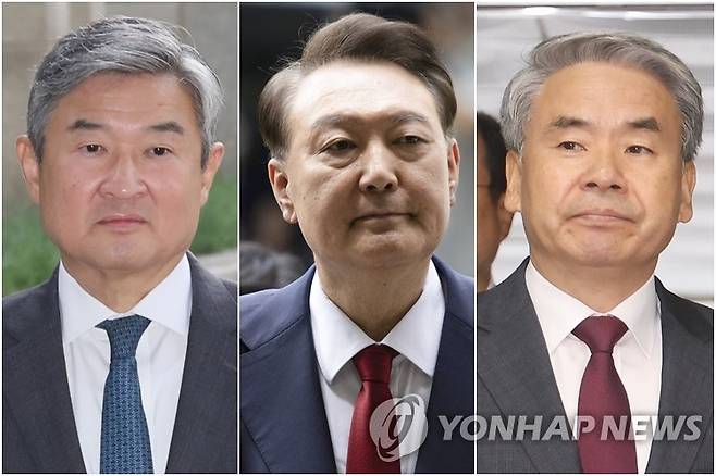 조태용 전 국가안보실장(왼쪽부터)·윤석열 전 대통령·이종섭 전 국방부 장관 [촬영 이진욱] 2025.10.17 [사진공동취재단 제공] 2025.7.9 [촬영 신준희] 2025.10.23