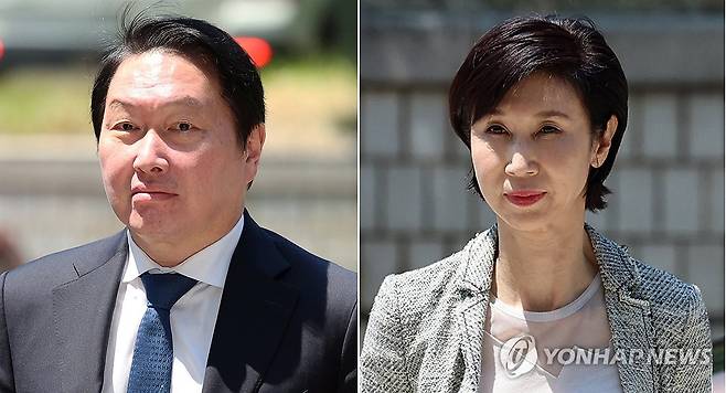 법원 "최태원, 노소영에 재산분할금 9천440억원 지급" (서울=연합뉴스) 24일 서초구 서울고등법원에서 열린 최태원 SK그룹 회장과 노소영 아트센터 나비 관장의 재산분할 소송 파기환송심에서 재판부는 최 회장이 노 관장에게 재산분할금으로 9천440억원을 지급해야 한다고 판결했다. 사진은 지난달 15일 2차 조정 기일에 출석하는 최 회장과 노 관장. 2026.7.24 [연합뉴스 자료사진] photo@yna.co.kr