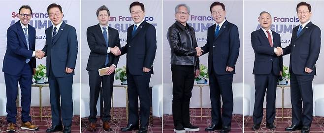 이재명 대통령이 24일(현지시간) 미국 샌프란시스코에서 빅테크 '빅샷'들과 연쇄 회동을 하고 있다. 왼쪽부터 다리오 아모데이 앤트로픽 최고경영자(CEO), 샘 올트먼 오픈AI CEO, 젠슨 황 엔비디아 CEO, 혹 탄 브로드컴 CEO과 악수하는 이 대통령. 연합뉴스