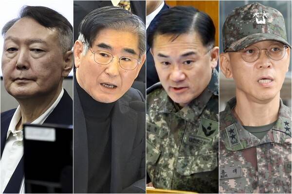 (왼쪽부터)윤석열&nbsp;전 대통령, 김용현 전 국방부 장관, 여인형 전 국군방첩사령관, 김용대 전 드론작전사령관. 연합뉴스