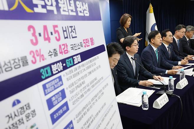 구윤철 경제부총리 겸 재정경제부 장관(왼쪽 셋째)이 14일 정부서울청사에서 하반기 경제성장전략 관련 관계부처 합동브리핑을 하고 있다. 팻말에 성장 목표 중 하나로 제시한 '수출 4강' 문구. 연합뉴스