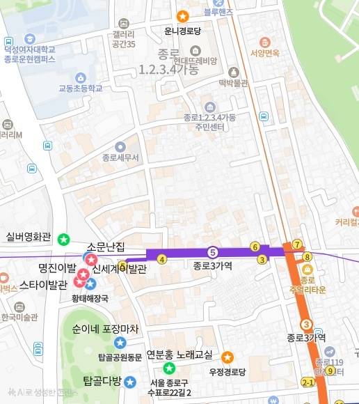 23~24일 양일간 헤럴드경제 취재진이 살펴본 서울 종로구 낙원동 일대 노인들이 즐겨 찾는 장소들. 경로당(주황색), 식당·카페 (파란색), 문화공간(초록색), 이발소(빨간색)으로 지도에 표시한 모습. [네이버 지도]