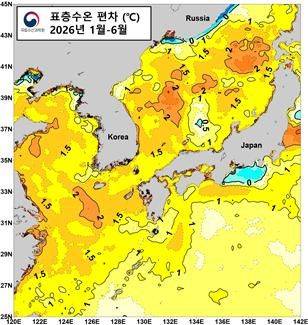[부산=뉴시스] 우리 바다 2026년 1월∼6월 표층 수온 편차. (사진=수과원 제공) 2026.07.09. photo@newsis.com *재판매 및 DB 금지