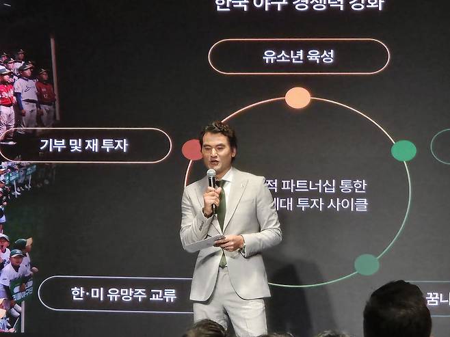 미국프로야구 메이저리그 애슬레틱스와 전략적 파트너십 체결을 알리는 '코리안특급' 박찬호. 사진=이석무 기자