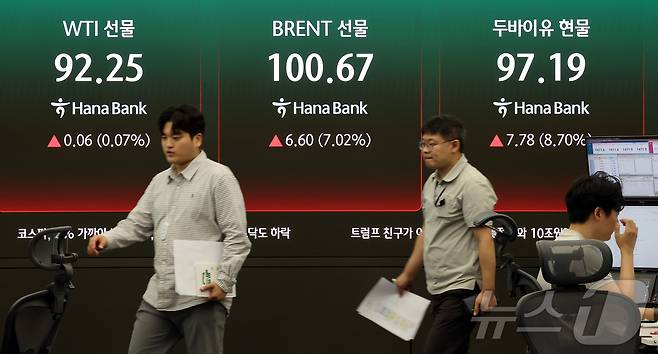 중동 긴장 재고조에 국제 유가가 급등한 24일 오전 서울 중구 하나은행 딜링룸 현황판에 브렌트유 선물과 WTI선물, 두바이유 현물 시세가 표시되고 있다. 2026.7.20 ⓒ 뉴스1 김진환 기자