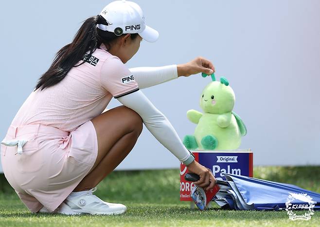 오로라월드 챔피언십에 출전한 박보겸이 팜팔스로 꾸민 티박스를 만져보고 있다. 사진 | KLPGA